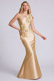 Vestido formal largo de sirena negra de satén de un hombro con flores 3D