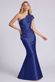 Vestido formal largo de sirena negra de satén de un hombro con flores 3D
