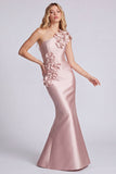 Vestido formal largo de sirena negra de satén de un hombro con flores 3D