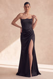 Corsé sin tirantes negro con trozo, vestido formal largo de sirena con abertura