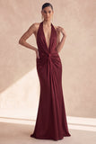 Vestido formal largo de sirena con escote halter y fruncido