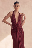 Vestido formal largo de sirena con escote halter y fruncido