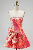 Vestido corto de bienvenida naranja Jacquard A-Line tirante con volantes y lazo.
