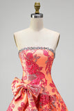 Vestido corto de bienvenida naranja Jacquard A-Line tirante con volantes y lazo.