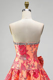 Vestido corto de bienvenida naranja Jacquard A-Line tirante con volantes y lazo.