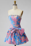 Vestido de bienvenida corto, sin tirantes azul Jacquard y sin volantes, con lazo.