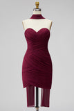 Vestido corto de bienvenida de chiffon bodycon tirantes sin burdeos con fajilla drapeada en el cuello