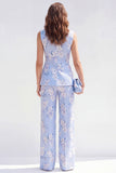 Trajes de mujer Jacquard florales de dos piezas con chales azules, solapa de un botón