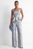 Traje de mujer Jacquard de dos piezas con volantes de cuello cuadrado gris azul