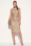 Vestido de trabajo midi con cuello redondo dorado con lentejuelas redondas y abertura