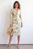 Vestido de trabajo Jacquard de un solo pecho con solapa de flor amarilla de dos piezas y abertura