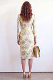 Vestido de trabajo Jacquard de un solo pecho con solapa de flor amarilla de dos piezas y abertura