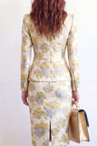 Vestido de trabajo Jacquard de un solo pecho con solapa de flor amarilla de dos piezas y abertura