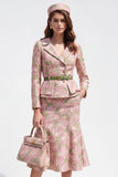 Vestido de trabajo midi Jacquard de un solo botonadura de dos piezas con solapa verde rosa y cinturón