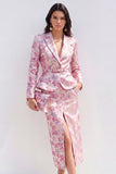 Vestido midi de satén de flor fucsia rosa de dos piezas con solapa con pico y abertura