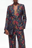 Trajes Jacquard Jacquard florales de dos piezas negros de dos piezas y un botón