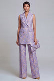 Trajes de mujer de dos piezas, florales azul polvoriento, con pico y solapa,