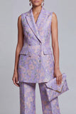 Trajes de mujer de dos piezas, florales azul polvoriento, con pico y solapa,