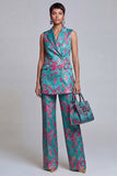Trajes de mujer de dos piezas, florales azul polvoriento, con pico y solapa,