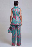 Trajes de mujer de dos piezas, florales azul polvoriento, con pico y solapa,