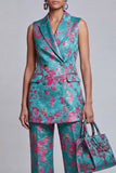 Trajes de mujer de dos piezas, florales azul polvoriento, con pico y solapa,