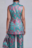 Trajes de mujer de dos piezas, florales azul polvoriento, con pico y solapa,