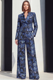 Traje floral de dos piezas en solapa Peak, negro plateado, con bolsillos