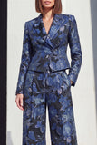Traje floral de dos piezas en solapa Peak, negro plateado, con bolsillos