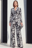 Traje floral de dos piezas en solapa Peak, negro plateado, con bolsillos