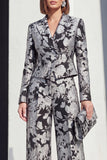 Traje floral de dos piezas en solapa Peak, negro plateado, con bolsillos