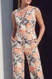 Trajes de mujer de dos piezas cruzados con doble cruzamento floral azul marino y bolsillos