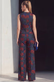 Trajes de mujer de dos piezas cruzados con doble cruzamento floral azul marino y bolsillos