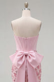 Vestido de bienvenida rosa bodycon floral sin tirantes y lazo