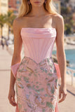 Vestido de bienvenida rosa bodycon floral sin tirantes y lazo