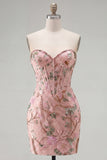 Vestido de Homecoming con corsé floral Pink Bodycon Sweetheart con cuentas