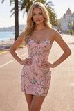 Vestido de Homecoming con corsé floral Pink Bodycon Sweetheart con cuentas