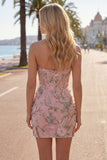 Vestido de Homecoming con corsé floral Pink Bodycon Sweetheart con cuentas