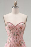 Vestido de Homecoming con corsé floral Pink Bodycon Sweetheart con cuentas