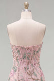 Vestido de Homecoming con corsé floral Pink Bodycon Sweetheart con cuentas