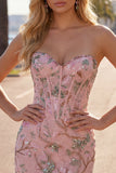 Vestido de Homecoming con corsé floral Pink Bodycon Sweetheart con cuentas