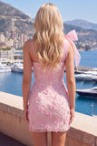 Vestido de Bienvenida a Casa Bodycon Rosa 3D Floral 3D con un lazo de un solo hombro
