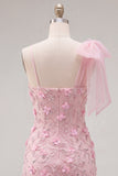 Vestido de Bienvenida a Casa Bodycon Rosa 3D Floral 3D con un lazo de un solo hombro