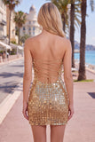 Vestido de bienvenida a casa con bodycon dorado sin tirantes y brillante