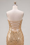 Vestido de bienvenida a casa con bodycon dorado sin tirantes y brillante