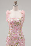 Vestido romántico de bienvenida rosa bordado con flores y lazos