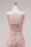 Vestido romántico de bienvenida rosa bordado con flores y lazos