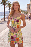 Vestido de Homecoming con cuello cuadrado amarillo bodycon flores y bordados