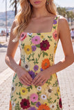 Vestido de Homecoming con cuello cuadrado amarillo bodycon flores y bordados
