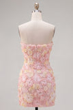 Vestido corto corto rosa sin tirantes floral bodycon cortes a casa con cuentas