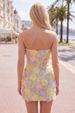 Vestido corto corto rosa sin tirantes floral bodycon cortes a casa con cuentas
